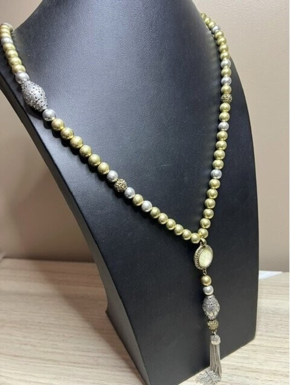 B7573 Lucky Brand Beaded Y-Lariat Necklace MOP Tassel Gold Silver Tone 30"